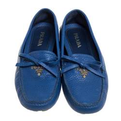 Pre Owned Prada Blue Leather Bow Slip On Loafers Size 37.5