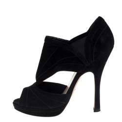 Prada Black Suede Cutout Peep Toe Booties Size 37.5