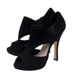 Prada Black Suede Cutout Peep Toe Booties Size 37.5