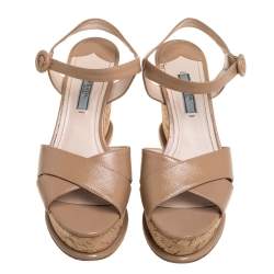 Pre Owned Prada Beige Leather Wedge Platform Sandals Size 38.5