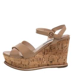 Pre Owned Prada Beige Leather Wedge Platform Sandals Size 38.5