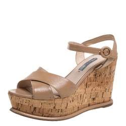 Pre Owned Prada Beige Leather Wedge Platform Sandals Size 38.5