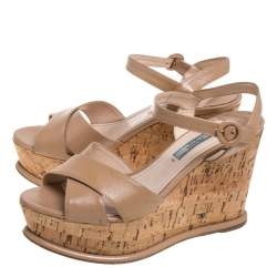 Pre Owned Prada Beige Leather Wedge Platform Sandals Size 38.5