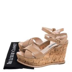 Pre Owned Prada Beige Leather Wedge Platform Sandals Size 38.5