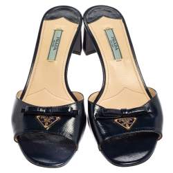 Pre Owned Prada Navy Blue Patent Leather Mules Sandals Size 37
