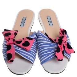 مملوكة مسبقًا Prada Blue/Pink Fabric Polka Dot Bow Detail Slide Sandals Size 41