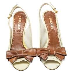 مملوكة مسبقًا Prada Light Yellow/Brown Patent And Leather Bow Slingback Sandals Size 37