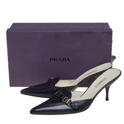 Pre Owned صندل سلايد برادا سكاموسشياتو جلد أسود مقدمة مدببة مقاس 38