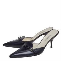 Pre Owned صندل سلايد برادا سكاموسشياتو جلد أسود مقدمة مدببة مقاس 38