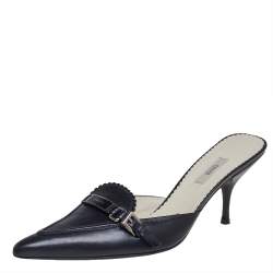 Pre Owned صندل سلايد برادا سكاموسشياتو جلد أسود مقدمة مدببة مقاس 38