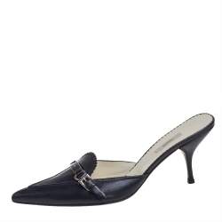 Pre Owned صندل سلايد برادا سكاموسشياتو جلد أسود مقدمة مدببة مقاس 38