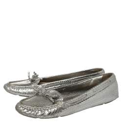 Prada Silver Python Embossed Leather Bow Slip On Loafers Size 39