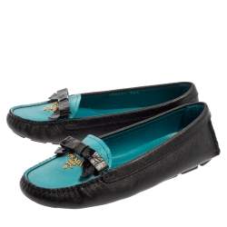 Pre Owned Prada Black/Blue Saffiano Leather Bow Loafers Size 36.5