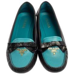 Pre Owned Prada Black/Blue Saffiano Leather Bow Loafers Size 36.5