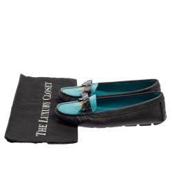 Pre Owned Prada Black/Blue Saffiano Leather Bow Loafers Size 36.5