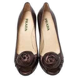 Prada Metallic Brown Leather Rose Pumps Size 38