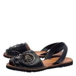 Prada Black Leather Crystal Embellished Flat Sandals Size 39.5