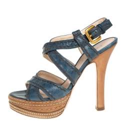 Prada Blue And Tan Leather Stitch Detail Cross Strap Platform Sandals Size 36