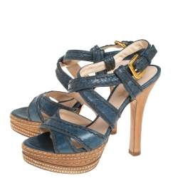 Prada Blue And Tan Leather Stitch Detail Cross Strap Platform Sandals Size 36