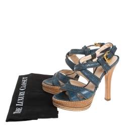 Prada Blue And Tan Leather Stitch Detail Cross Strap Platform Sandals Size 36