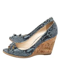 Pre Owned صندل برادا سبورت جلد نقشة الثعبان أسود/أزرق كعب روكي مقدمة مفتوحة مقاس 36