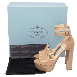 Pre Owned Prada Beige Patent Leather Ankle Strap Block Heel Platform Sandals Size 37