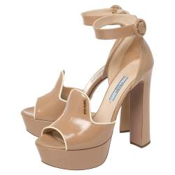 Pre Owned Prada Beige Patent Leather Ankle Strap Block Heel Platform Sandals Size 37