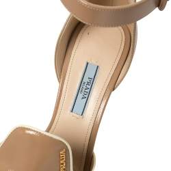 Pre Owned Prada Beige Patent Leather Ankle Strap Block Heel Platform Sandals Size 37