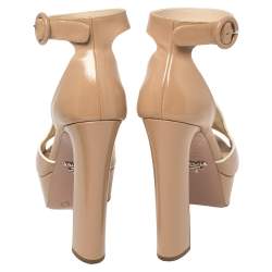 Pre Owned Prada Beige Patent Leather Ankle Strap Block Heel Platform Sandals Size 37