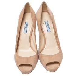 Pre Owned Prada Beige Suede Peep Toe Pumps Size 38