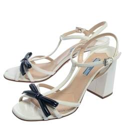 Prada White/Blue Patent Leather Bow T-strap Sandals Size 39.5