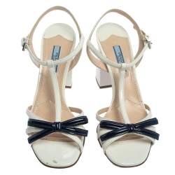 Prada White/Blue Patent Leather Bow T-strap Sandals Size 39.5