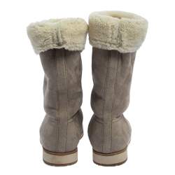 Prada Grey Suede And Shearling Fur Trimmed Mid Calf Boots Size 38