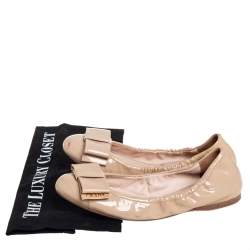 Pre Owned Prada Beige Patent Leather Bow Ballet Flats Size 37.5