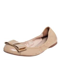 Pre Owned Prada Beige Patent Leather Bow Ballet Flats Size 37.5