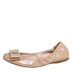 Pre Owned Prada Beige Patent Leather Bow Ballet Flats Size 37.5