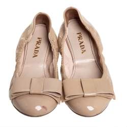 Pre Owned Prada Beige Patent Leather Bow Ballet Flats Size 37.5