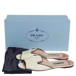 Pre Owned Prada Cream And Black Patent Leather Logo Embellished Flat Slides Size 37