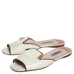 Pre Owned Prada Cream And Black Patent Leather Logo Embellished Flat Slides Size 37