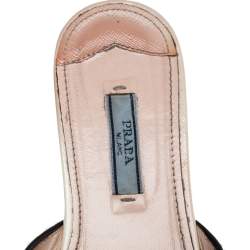 Pre Owned Prada Cream And Black Patent Leather Logo Embellished Flat Slides Size 37