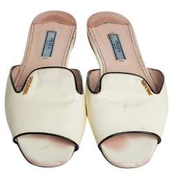Pre Owned Prada Cream And Black Patent Leather Logo Embellished Flat Slides Size 37