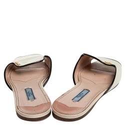 Pre Owned Prada Cream And Black Patent Leather Logo Embellished Flat Slides Size 37