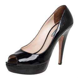 Pre Owned Prada Black Patent Leather Peep Toe Platform Pumps Size 37.5