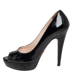 Pre Owned Prada Black Patent Leather Peep Toe Platform Pumps Size 37.5