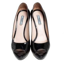 Pre Owned Prada Black Patent Leather Peep Toe Platform Pumps Size 37.5