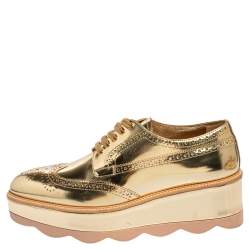 Prada Gold Brogue Leather Wave Wingtip Platform Derby Size 39