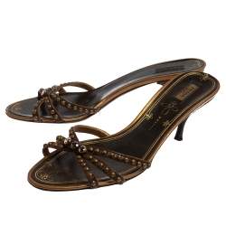 Pre Owned Prada Brown Leather Embellished Slip On Sandals Size 39