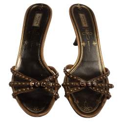Pre Owned Prada Brown Leather Embellished Slip On Sandals Size 39