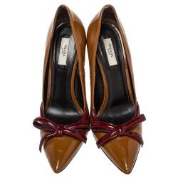 Pre Owned Prada Vintage Brown/Red Patent Leather Bow Pointy Toe Pumps Size 38
