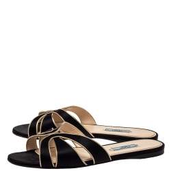 Pre Owned Prada Black Laser Cut Satin Flat Slides Size 39.5
